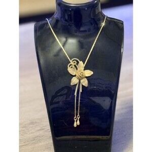 Vintage Mesh Rose Flower Slide Lariat Necklace Gold Tone Serpentine Chain